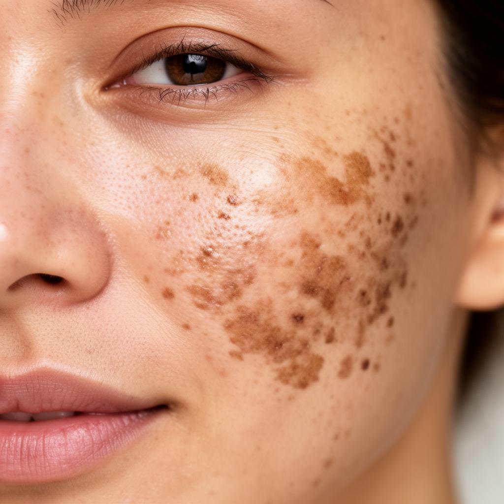 Close-up of skin with visible dark spots and hyperpigmentation